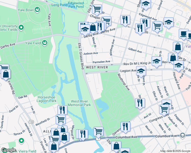 map of restaurants, bars, coffee shops, grocery stores, and more near 716 Legion Avenue in New Haven
