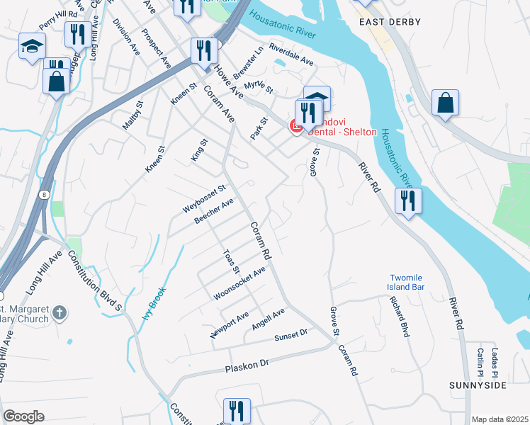 map of restaurants, bars, coffee shops, grocery stores, and more near 10 Overlook Terrace in Shelton