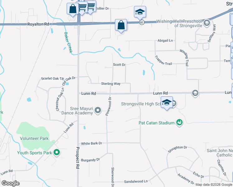 map of restaurants, bars, coffee shops, grocery stores, and more near 20434 Lunn Road in Strongsville