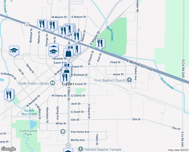 map of restaurants, bars, coffee shops, grocery stores, and more near 120 N Church St in Clyde