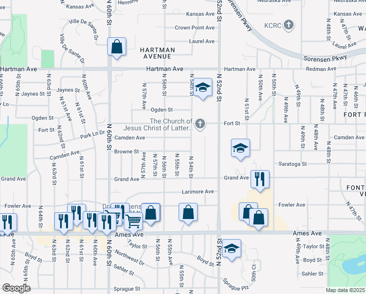 map of restaurants, bars, coffee shops, grocery stores, and more near 5425 Camden Avenue in Omaha