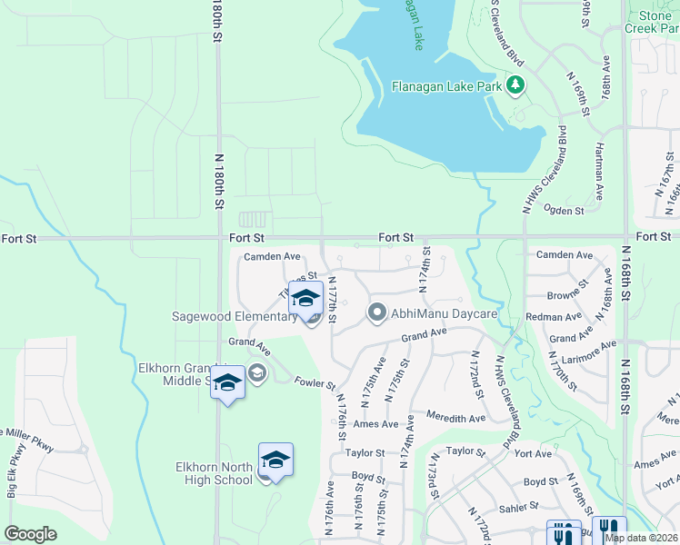 map of restaurants, bars, coffee shops, grocery stores, and more near 5151 North 176th Avenue Circle in Omaha