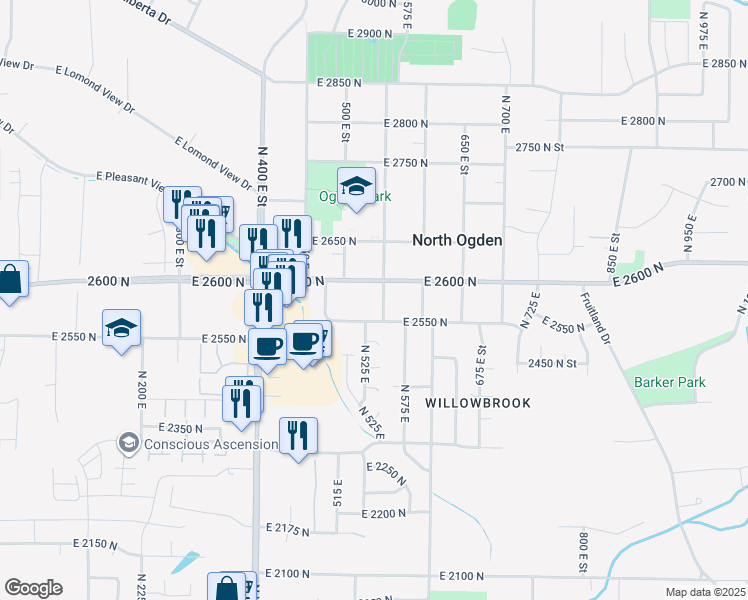 map of restaurants, bars, coffee shops, grocery stores, and more near 2573 North 550 East in Ogden