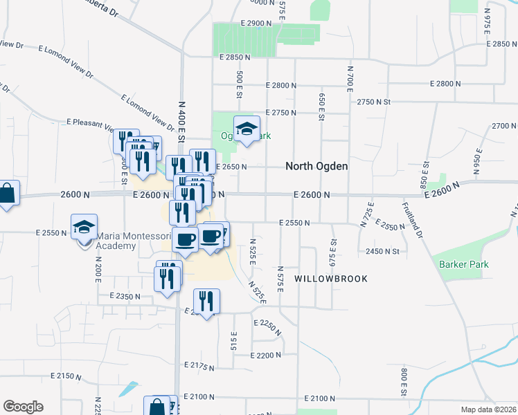 map of restaurants, bars, coffee shops, grocery stores, and more near 531 East 2600 North in Ogden