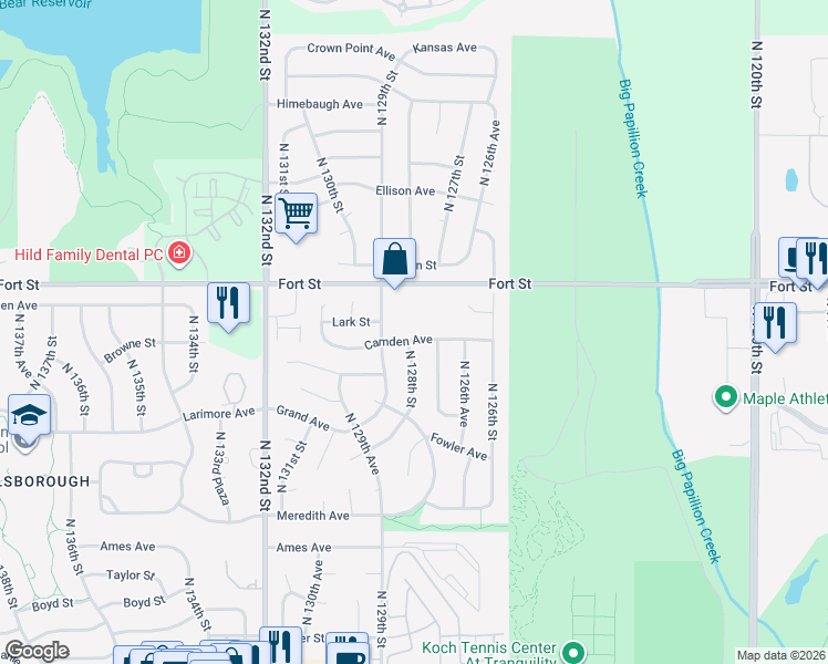 map of restaurants, bars, coffee shops, grocery stores, and more near 12720 Camden Ave in Omaha