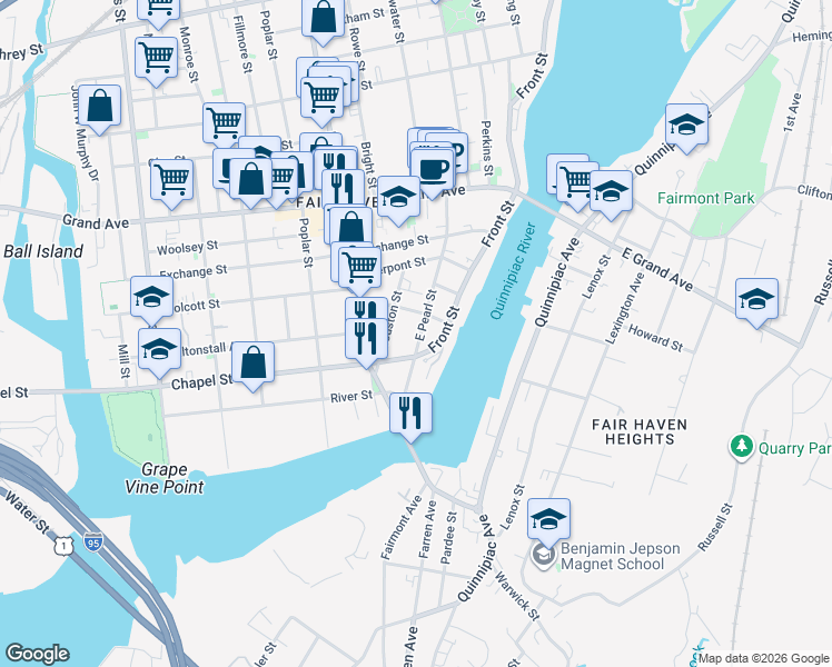 map of restaurants, bars, coffee shops, grocery stores, and more near 48 East Pearl Street in New Haven