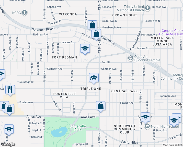 map of restaurants, bars, coffee shops, grocery stores, and more near 4235 Camden Avenue in Omaha