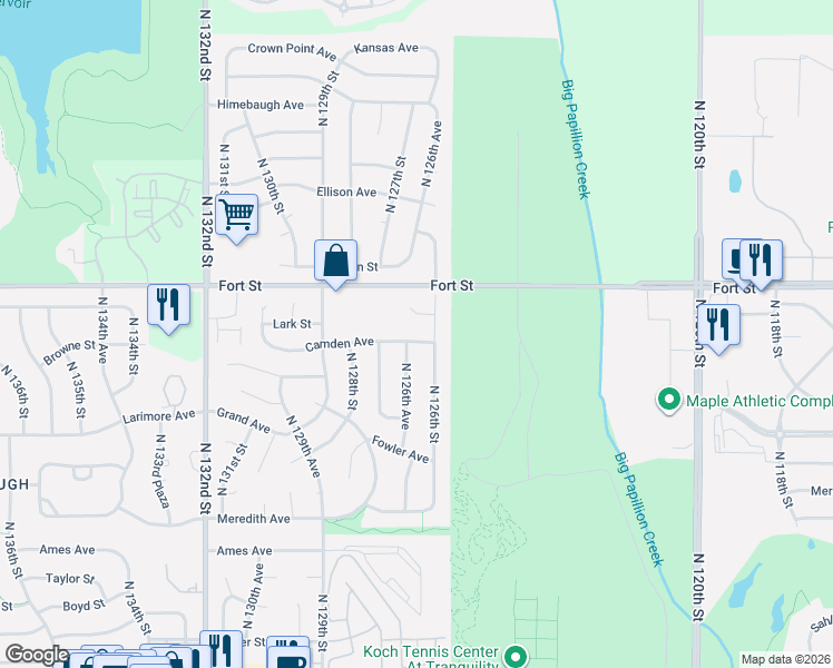 map of restaurants, bars, coffee shops, grocery stores, and more near 5216 North 126th Street in Omaha