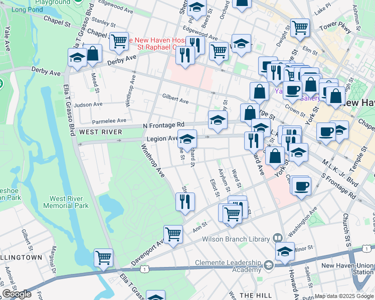 map of restaurants, bars, coffee shops, grocery stores, and more near 130 Orchard Street in New Haven