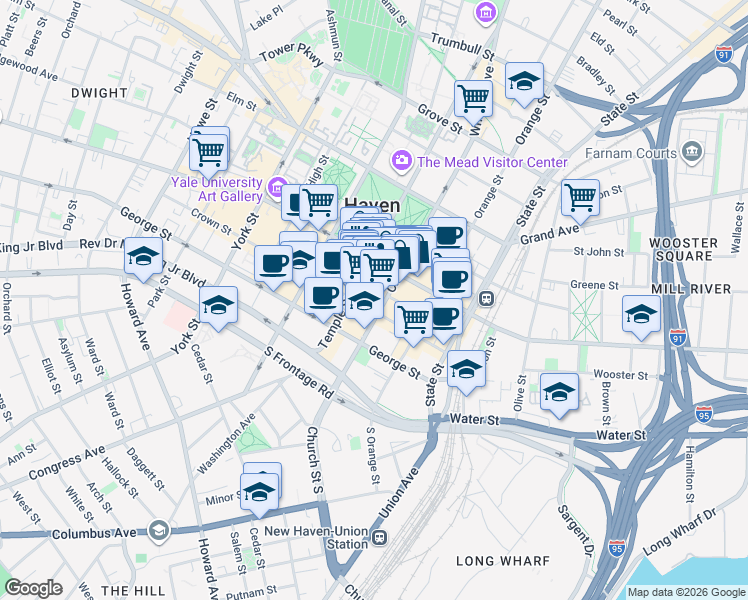 map of restaurants, bars, coffee shops, grocery stores, and more near in New Haven
