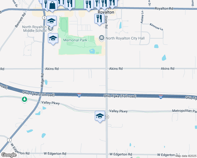 map of restaurants, bars, coffee shops, grocery stores, and more near 15420 State Road in North Royalton