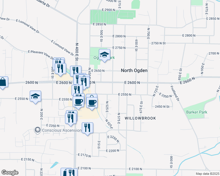 map of restaurants, bars, coffee shops, grocery stores, and more near 2573 North 550 East in Ogden
