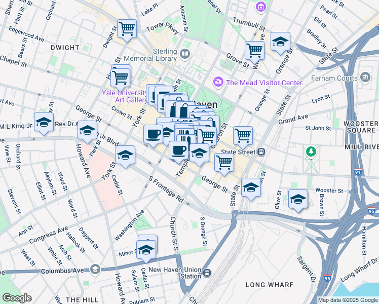 map of restaurants, bars, coffee shops, grocery stores, and more near 196 Crown Street in New Haven