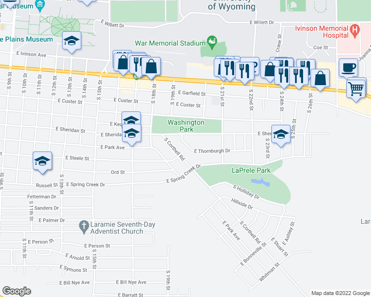 map of restaurants, bars, coffee shops, grocery stores, and more near 1926 East Thornburgh Drive in Laramie
