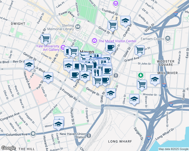 map of restaurants, bars, coffee shops, grocery stores, and more near 848 Chapel Street in New Haven