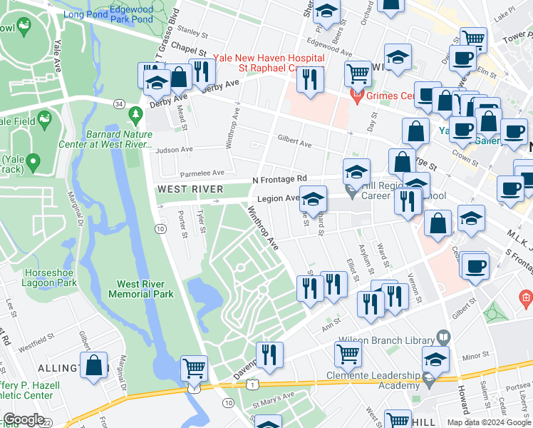 map of restaurants, bars, coffee shops, grocery stores, and more near 42 Auburn Street in New Haven