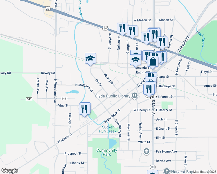 map of restaurants, bars, coffee shops, grocery stores, and more near 201 Spring Street in Clyde