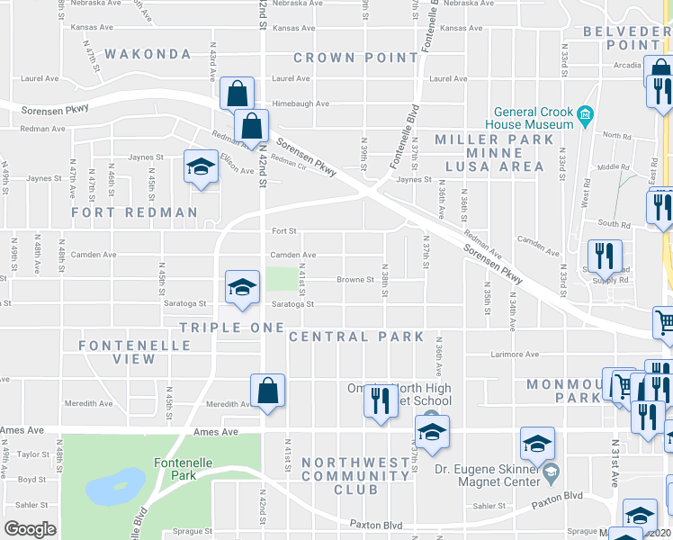 map of restaurants, bars, coffee shops, grocery stores, and more near 4017 Camden Avenue in Omaha