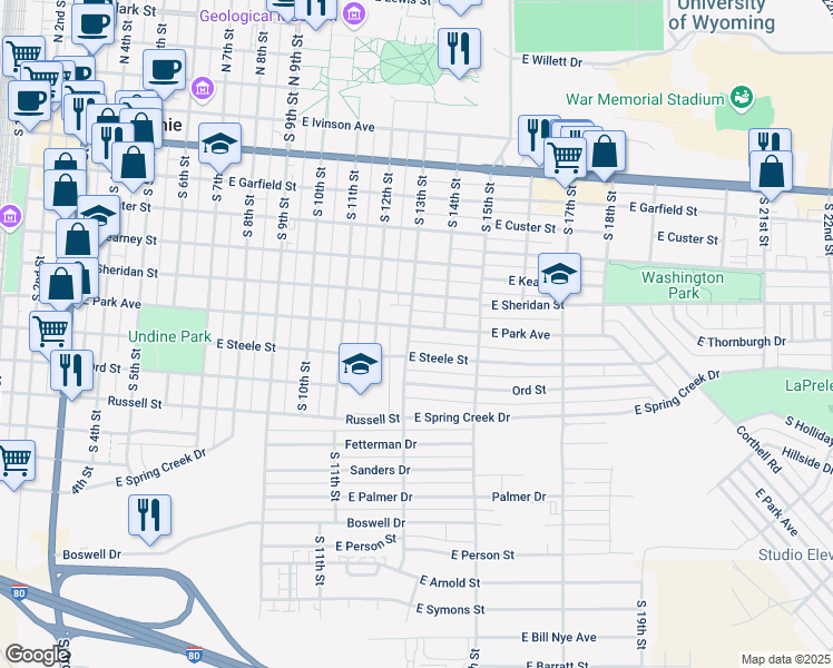 map of restaurants, bars, coffee shops, grocery stores, and more near 1300-1398 East Park Avenue in Laramie