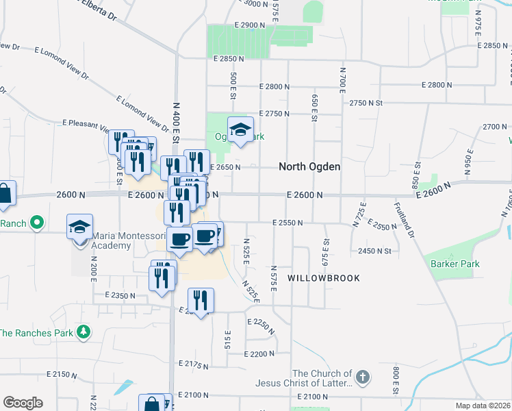 map of restaurants, bars, coffee shops, grocery stores, and more near 555 East 2600 North in Ogden