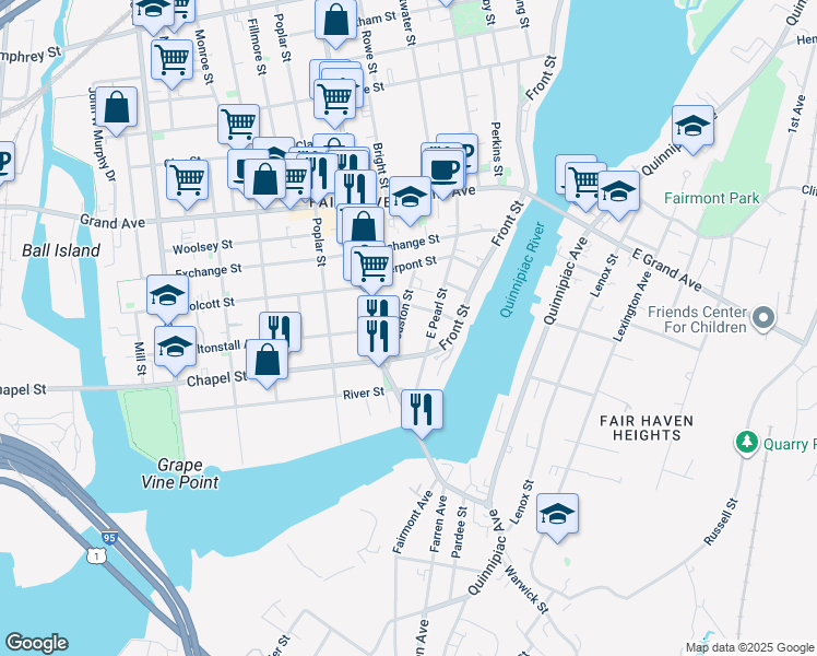 map of restaurants, bars, coffee shops, grocery stores, and more near 48 Houston Street in New Haven