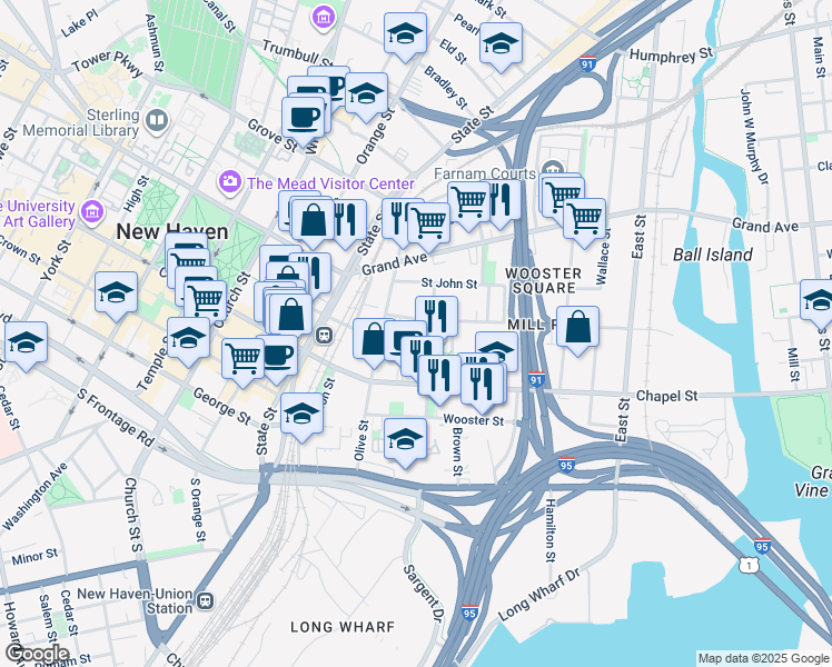 map of restaurants, bars, coffee shops, grocery stores, and more near 1 Hughes Place in New Haven