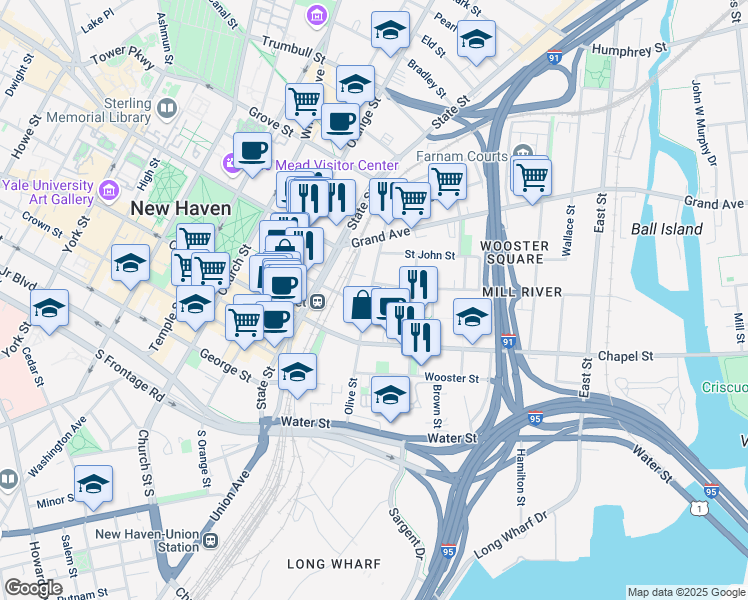 map of restaurants, bars, coffee shops, grocery stores, and more near 99 Olive Street in New Haven