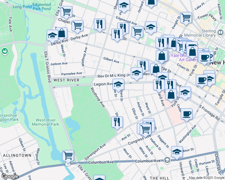 map of restaurants, bars, coffee shops, grocery stores, and more near 26 Vine Street in New Haven