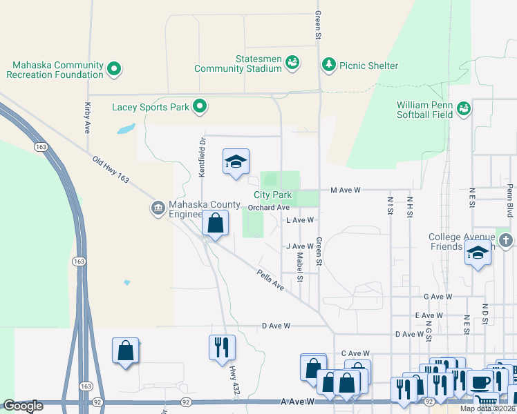 map of restaurants, bars, coffee shops, grocery stores, and more near Orchard Avenue in Oskaloosa