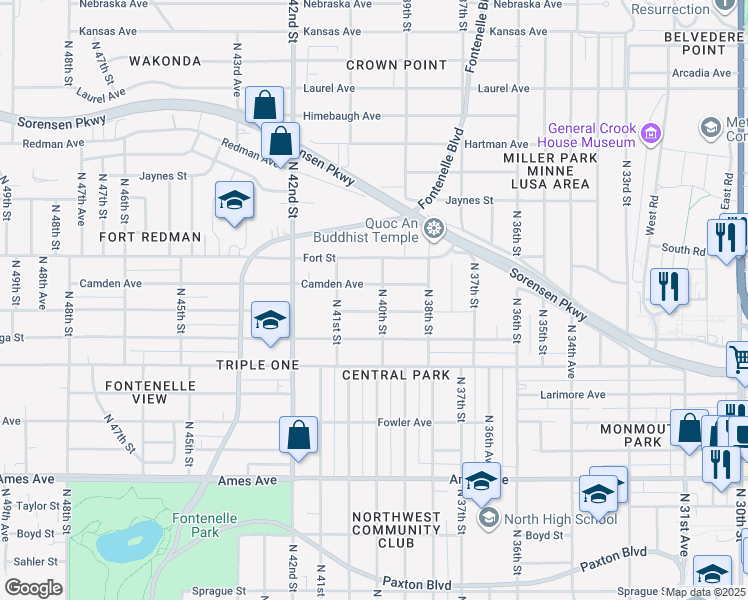 map of restaurants, bars, coffee shops, grocery stores, and more near 4017 Camden Avenue in Omaha