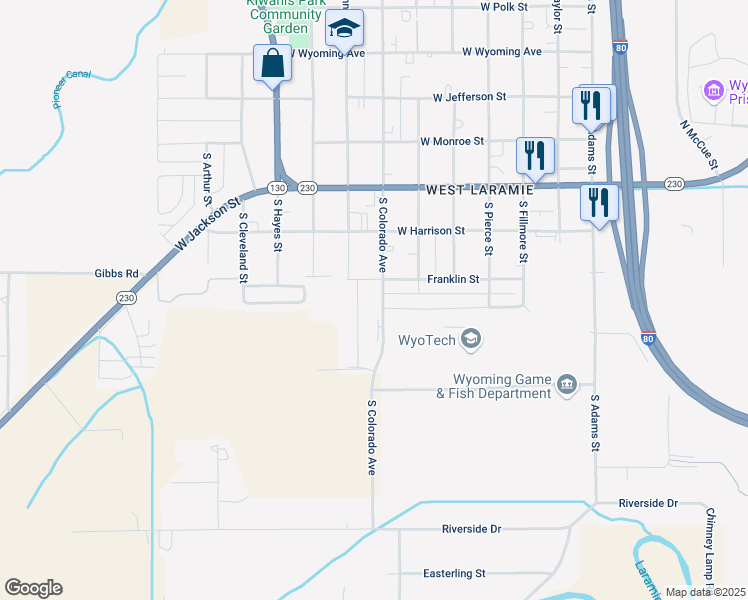 map of restaurants, bars, coffee shops, grocery stores, and more near 622 South Colorado Avenue in Laramie