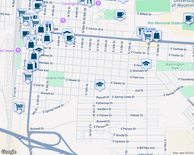 map of restaurants, bars, coffee shops, grocery stores, and more near 805 South 11th Street in Laramie