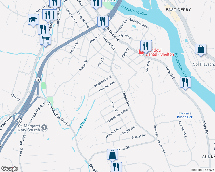 map of restaurants, bars, coffee shops, grocery stores, and more near 36 Beecher Avenue in Shelton