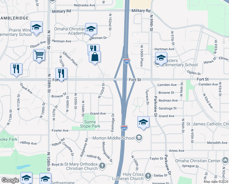 map of restaurants, bars, coffee shops, grocery stores, and more near 5121 Eastridge Drive in Omaha