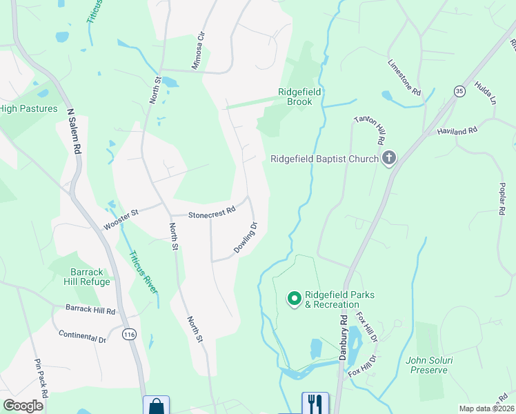 map of restaurants, bars, coffee shops, grocery stores, and more near 7 Dowling Drive in Ridgefield