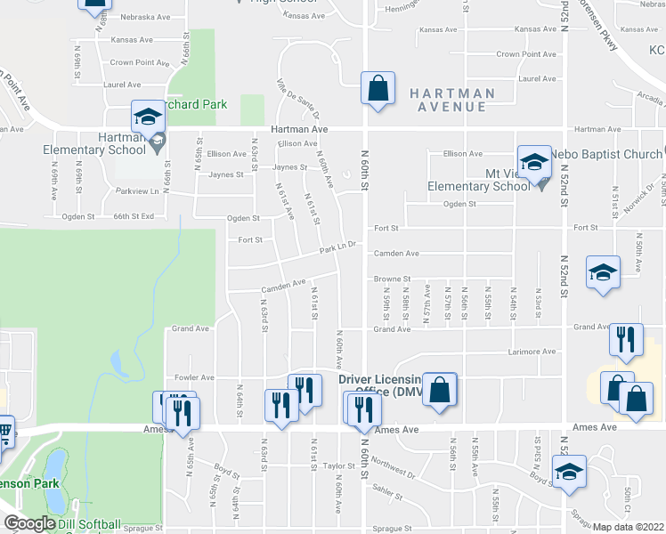 map of restaurants, bars, coffee shops, grocery stores, and more near 5110 North 60th Avenue in Omaha