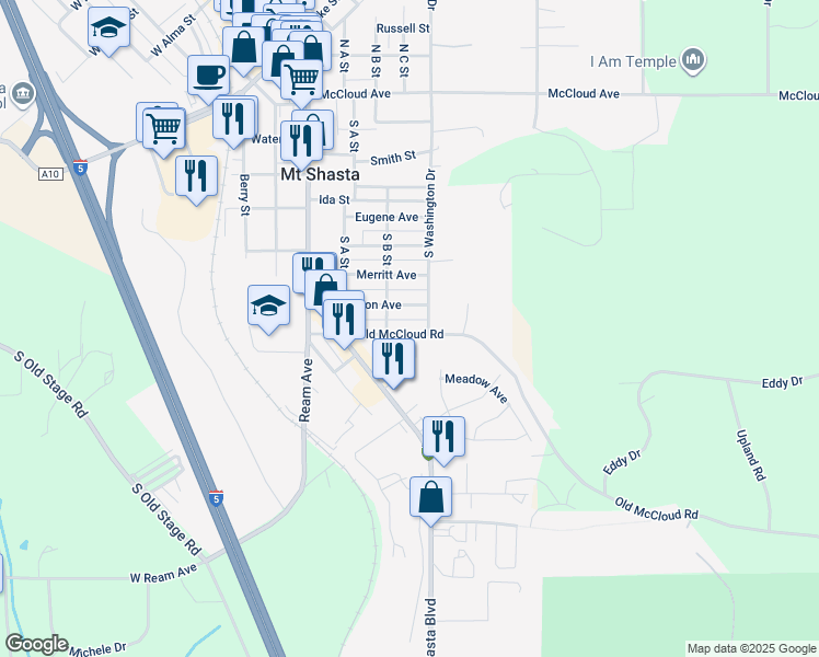 map of restaurants, bars, coffee shops, grocery stores, and more near 310 Old McCloud Road in Mount Shasta