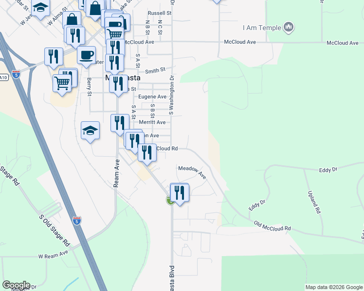 map of restaurants, bars, coffee shops, grocery stores, and more near 412 Old McCloud Road in Mount Shasta