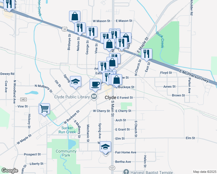 map of restaurants, bars, coffee shops, grocery stores, and more near 117 West Buckeye Street in Clyde