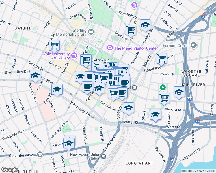 map of restaurants, bars, coffee shops, grocery stores, and more near 848 Chapel Street in New Haven