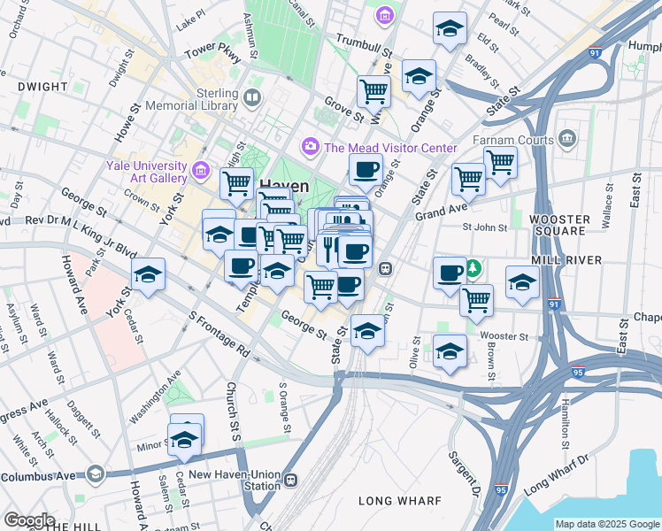 map of restaurants, bars, coffee shops, grocery stores, and more near 848 Chapel Street in New Haven