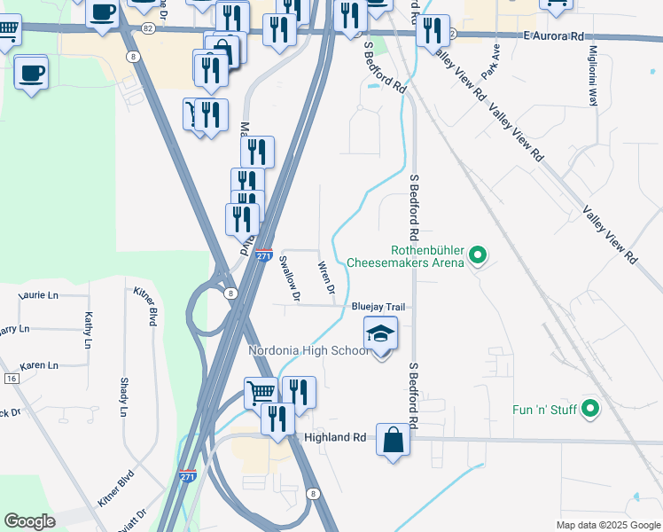 map of restaurants, bars, coffee shops, grocery stores, and more near 8061 Wren Drive in Macedonia