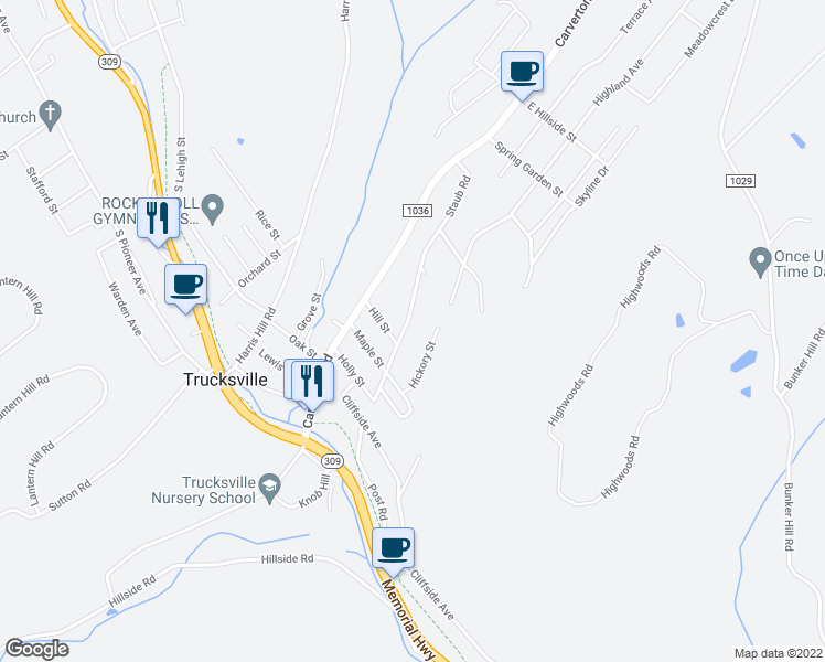 map of restaurants, bars, coffee shops, grocery stores, and more near 76 Staub Road in Trucksville