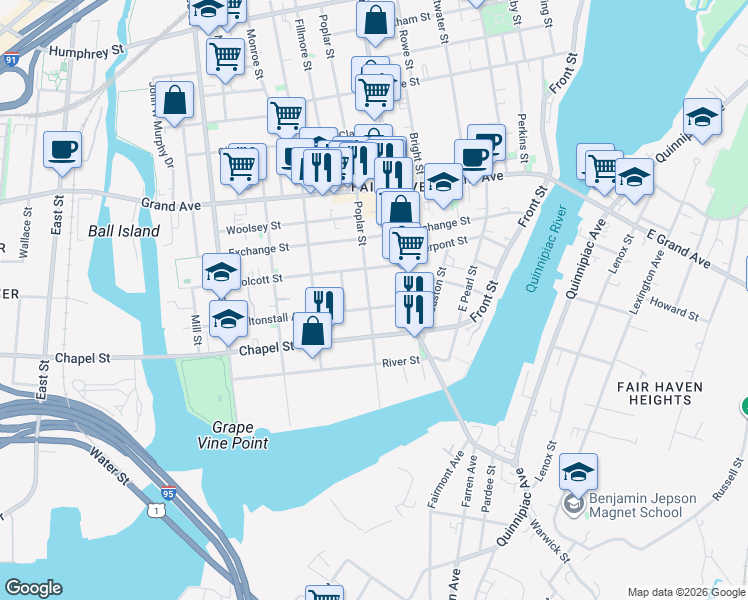 map of restaurants, bars, coffee shops, grocery stores, and more near 138 Poplar Street in New Haven