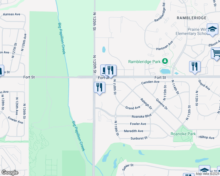 map of restaurants, bars, coffee shops, grocery stores, and more near 5002 North 118th Street in Omaha