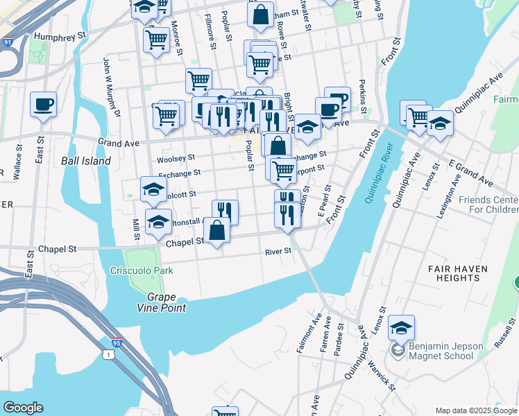 map of restaurants, bars, coffee shops, grocery stores, and more near 138 Poplar Street in New Haven