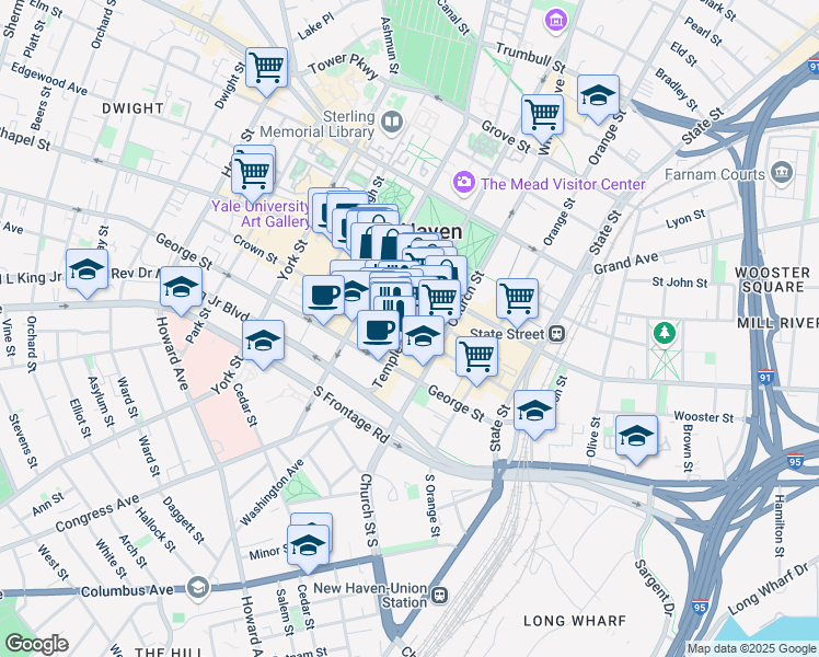map of restaurants, bars, coffee shops, grocery stores, and more near 199 Crown Street in New Haven