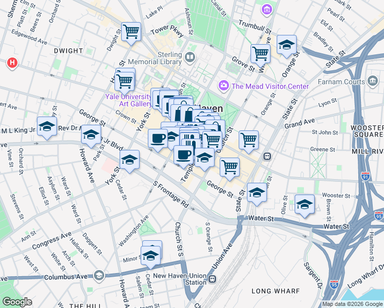 map of restaurants, bars, coffee shops, grocery stores, and more near 199 Crown Street in New Haven