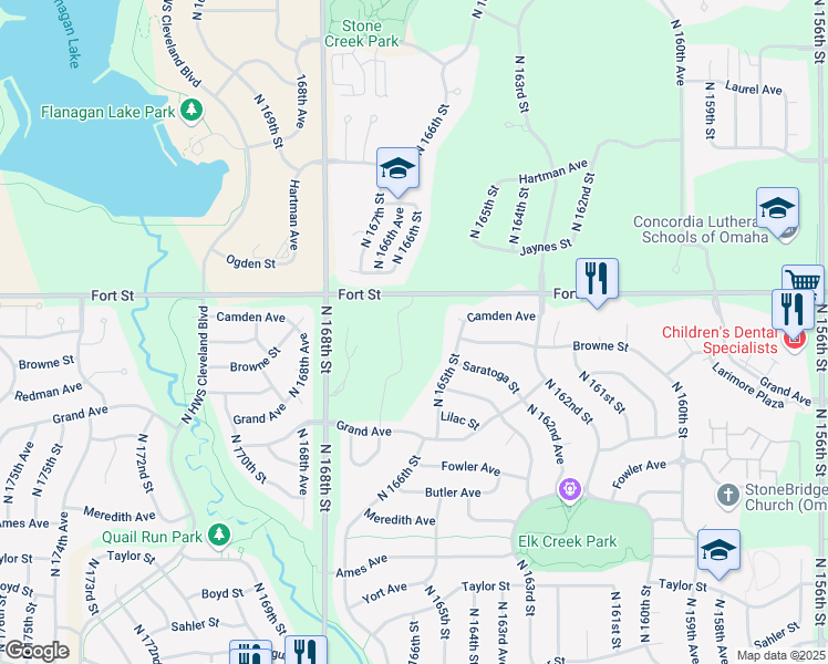 map of restaurants, bars, coffee shops, grocery stores, and more near 16505 Fort Street in Omaha