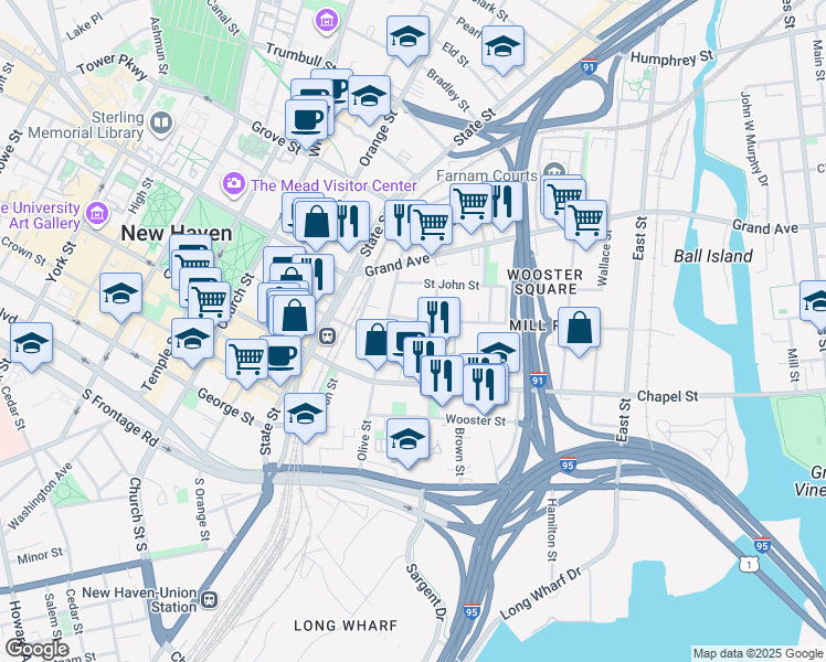 map of restaurants, bars, coffee shops, grocery stores, and more near 1 Hughes Place in New Haven